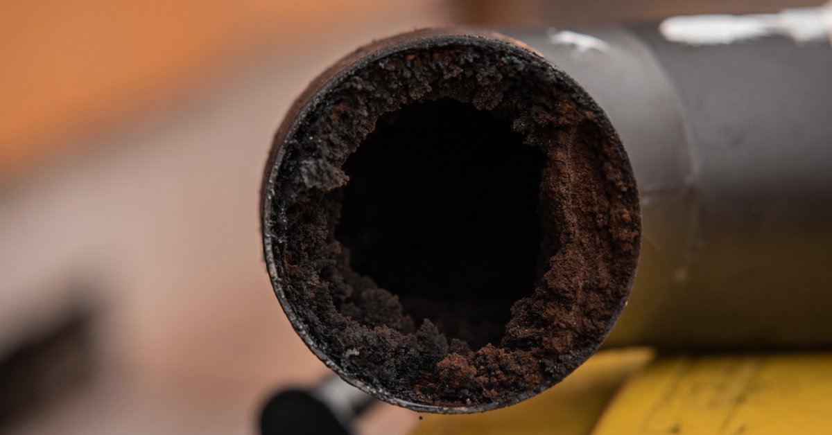 A close-up of a pipe from a fireplace where the inside is full of a thick layer of dark soot and creosote.