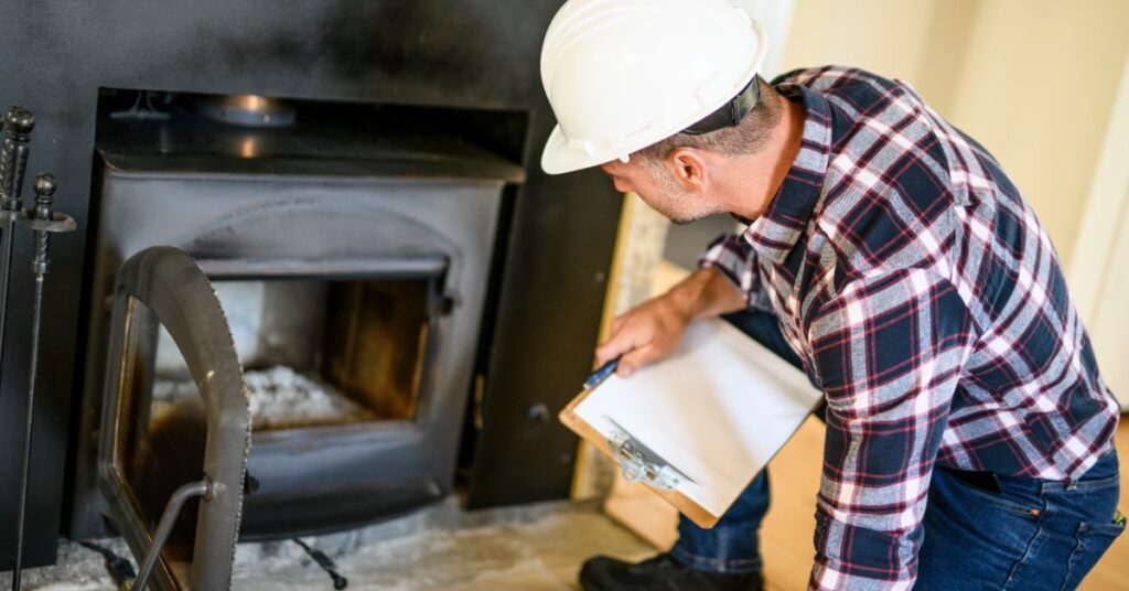 An inspector wears a hard hat and holds a clipboard in one hand while kneeling to look at a fireplace.
