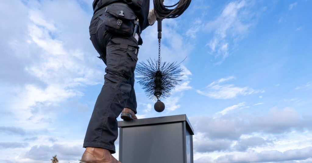 A worker on top of a roof using a chimney cleaning tool and lowering it down into the top of the chimney.